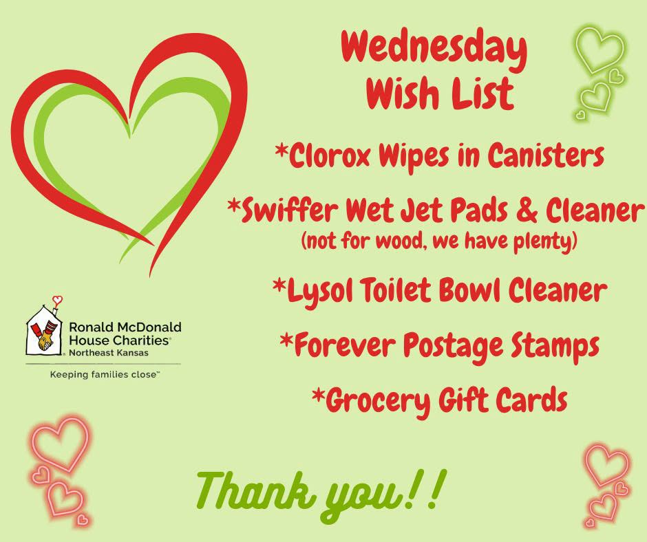 Wednesday Wish List graphic for Ronald McDonald House Topeka requesting donations of Clorox wipes in canisters, Swiffer Wet Jet pads and cleaner, Lysol toilet bowl cleaner, forever postage stamps, and grocery gift cards.