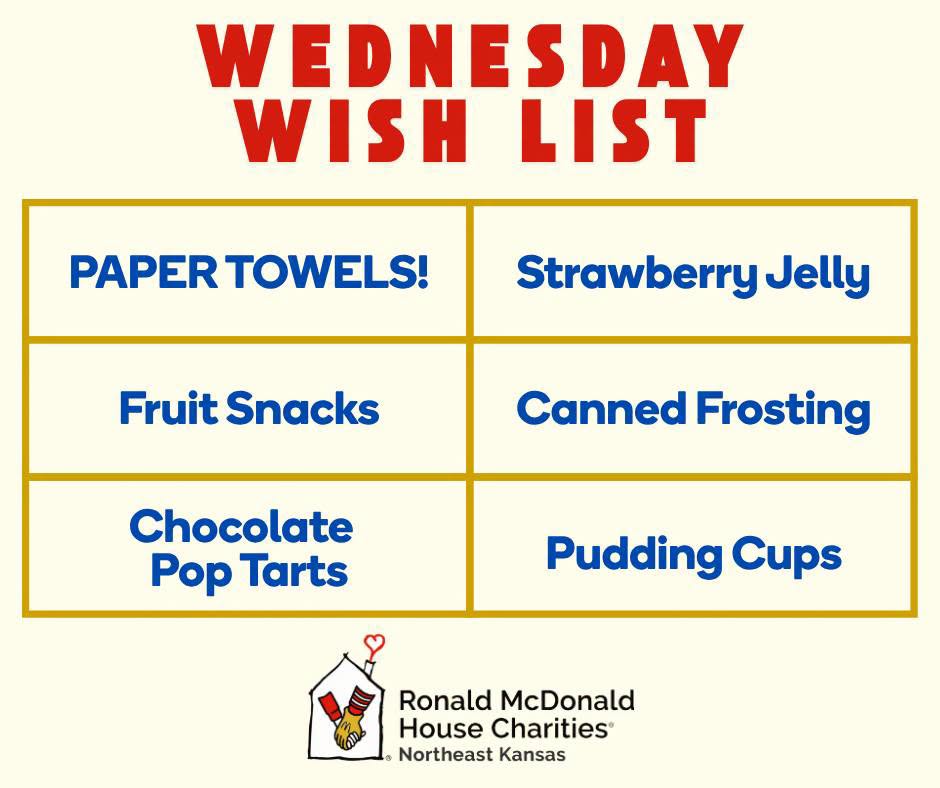 Graphic titled "Wednesday Wish List" for Ronald McDonald House Charities listing needed items: Paper Towels, Strawberry Jelly, Fruit Snacks, Canned Frosting, Chocolate Pop Tarts, and Pudding Cups.
