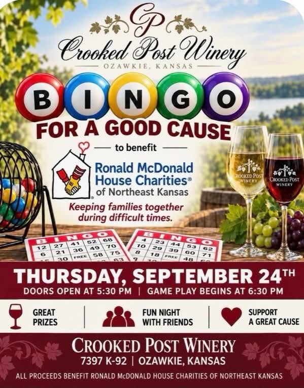 Charity Bingo event flyer at Crooked Post Winery for Ronald McDonald House Charities of Northeast Kansas.