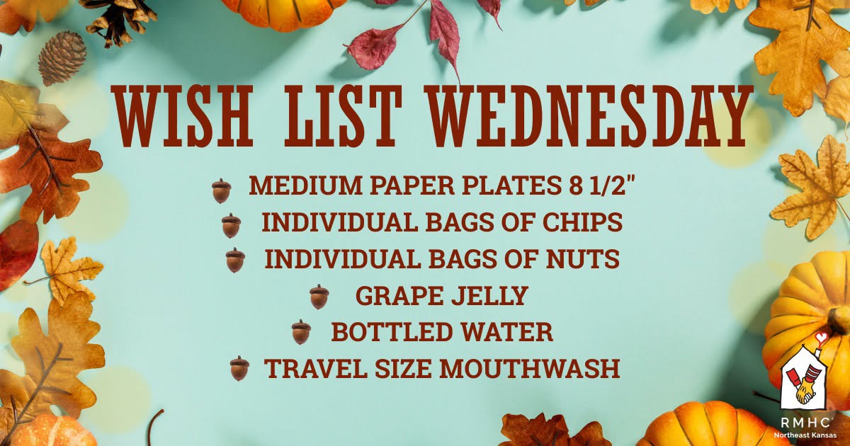 Wish list asking for paper plate, individual bags of chips, individual bags of nuts, grape jelly, bottled water, travel size mouth wash