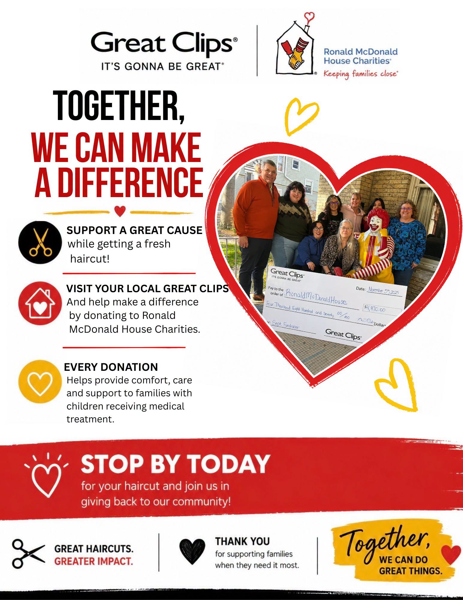 Great Clips and Ronald McDonald House Charities Topeka September fundraiser graphic for the Together We Can Make a Difference donation campaign.