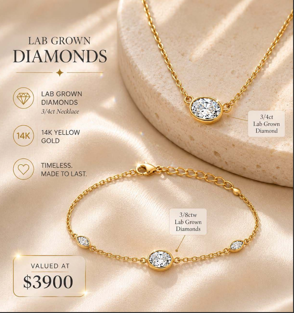 Diamond by Design Raffle Necklace and Braclet Yellow gold with lab grown diamonds valued at $3900