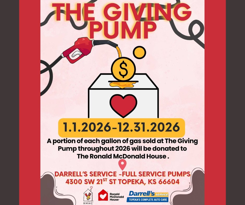 Promotional graphic for “The Giving Pump,” showing a gas pump pouring coins into a donation box to represent that a portion of each gallon of gas sold in 2026 benefits the Ronald McDonald House.