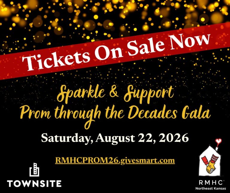 Promotional graphic for the Ronald McDonald House "Sparkle & Support: Prom through the Decades" 2026 Gala, featuring a "Tickets On Sale Now" banner over a dark glittering background with disco ball and prom-themed accents.