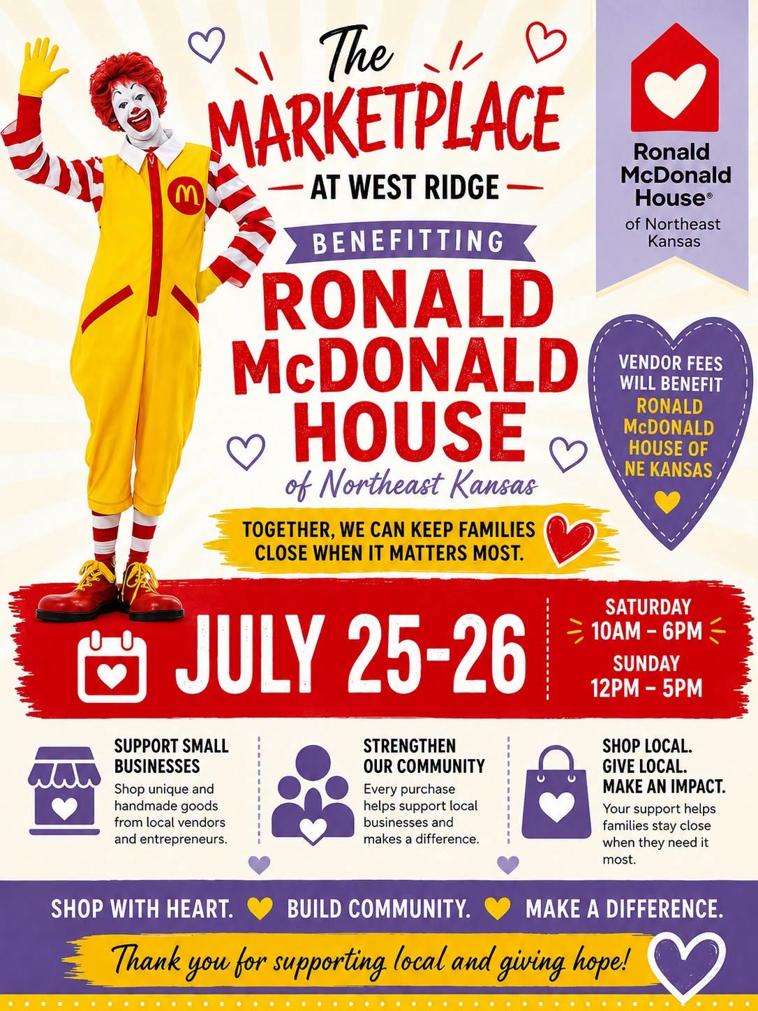 Flyer for The Marketplace at West Ridge event on July 25-26, benefiting the Ronald McDonald House.
