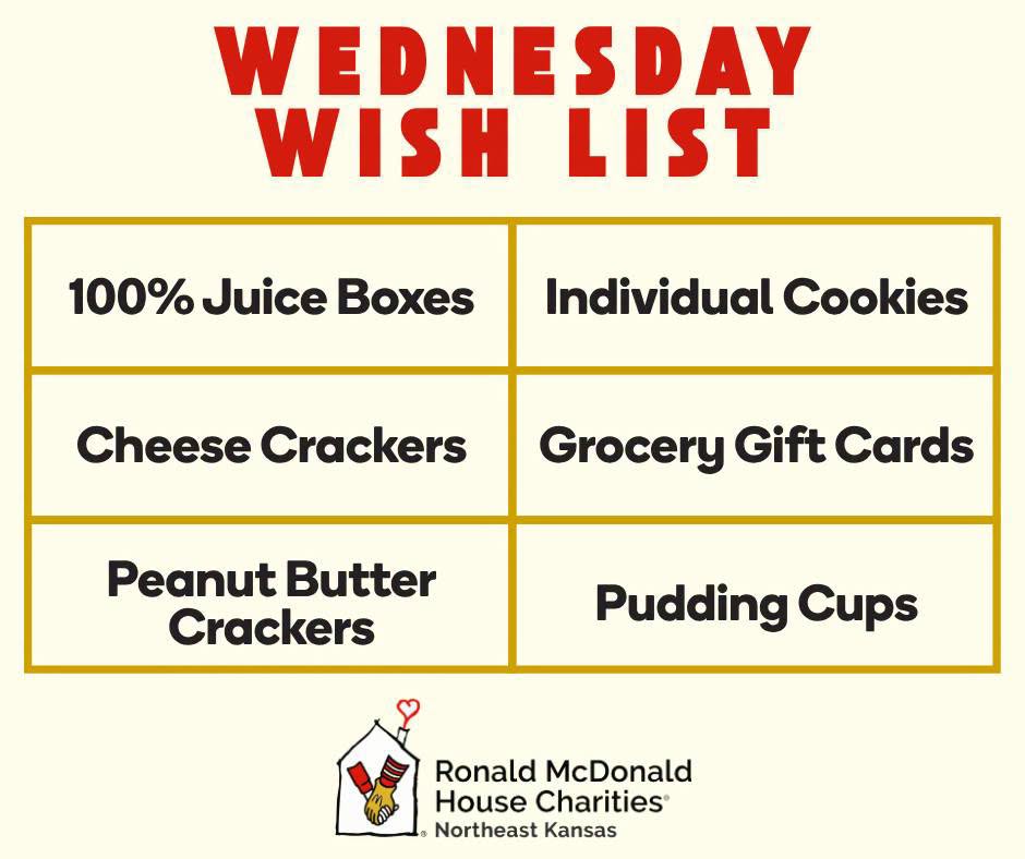 Wednesday Wish List graphic for RMHC Northeast Kansas featuring a list of needed items: 100% juice boxes, individual cookies, cheese crackers, grocery gift cards, peanut butter crackers, and pudding cups.