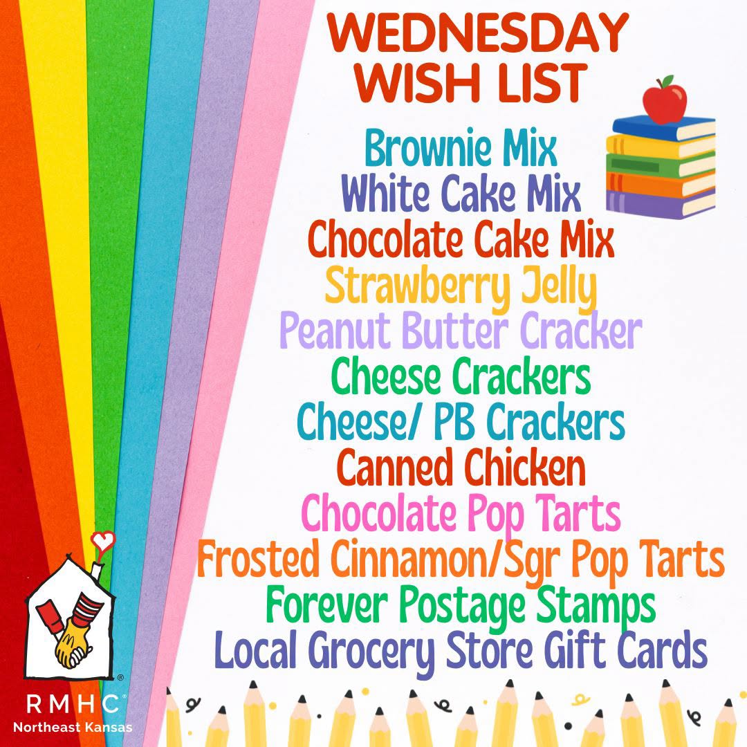 Wednesday wish list graphic listing needed items including brownie mix, white cake mix, chocolate cake mix, strawberry jelly, peanut butter crackers, cheese crackers, canned chicken, chocolate pop tarts, and forever postage stamps.
