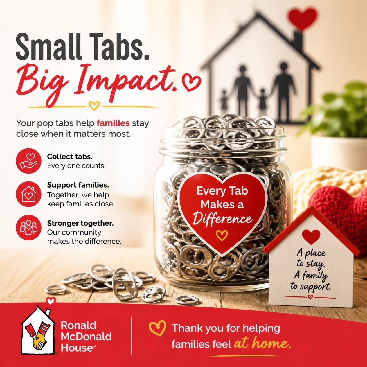 Graphic for the RMHC Pop Tab Program featuring a jar full of pop tabs and the text "Small Tabs. Big Impact."